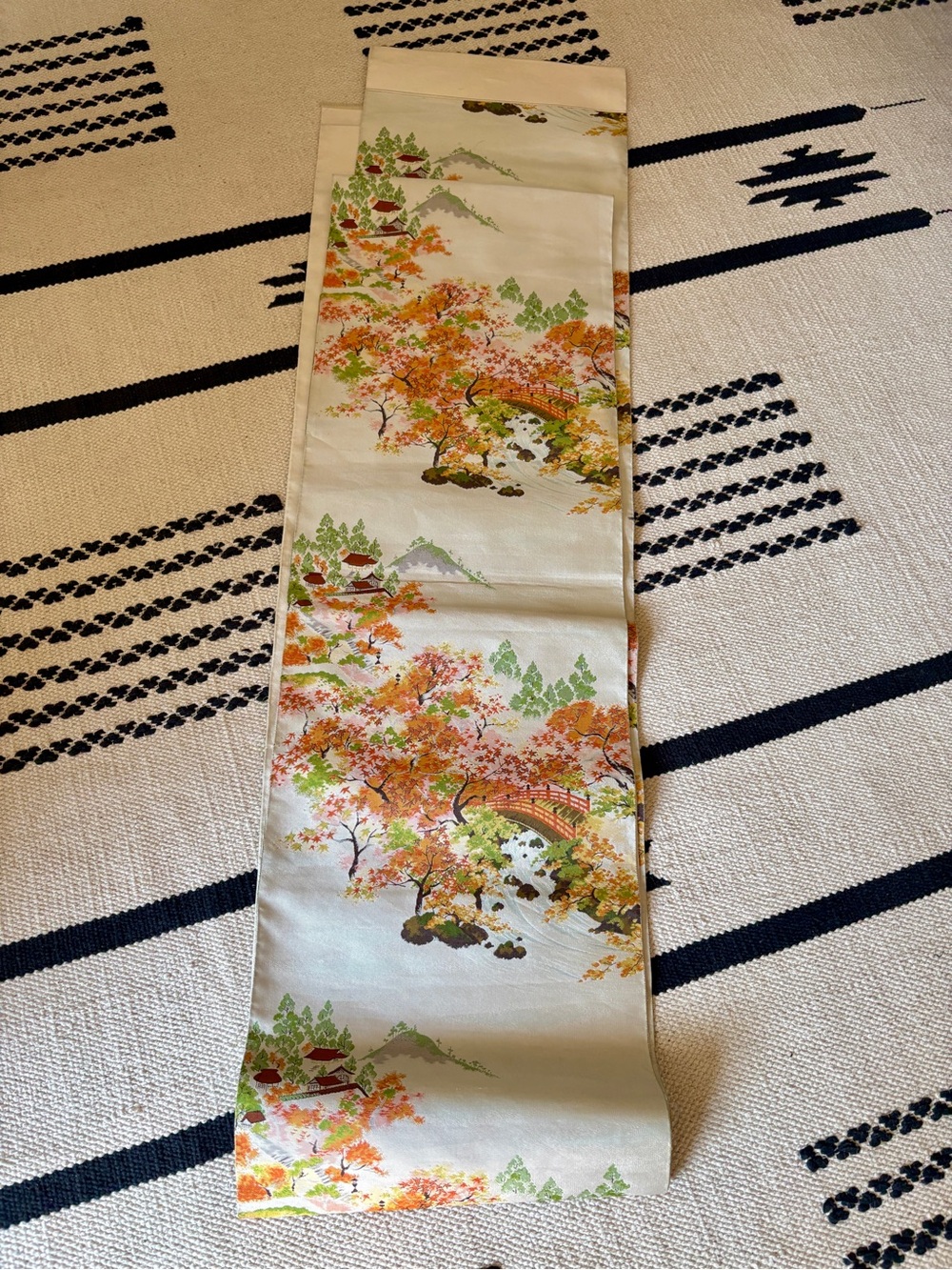 Vintage Japanese Obi Silk-Effect Autumn Landscape  - Cream and Orange